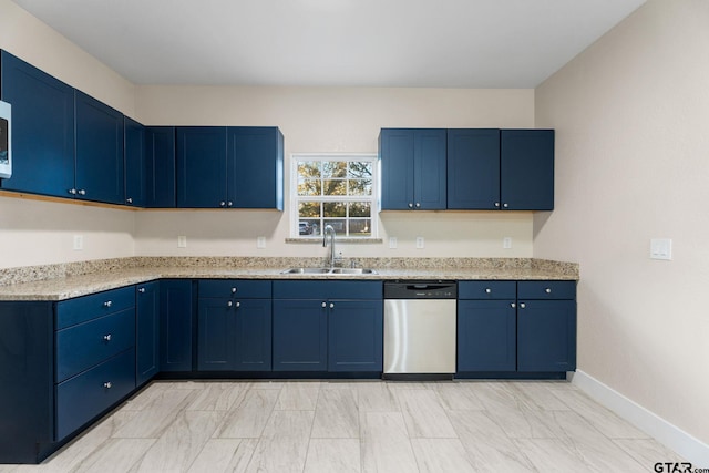 kitchen with sink, stainless steel dishwasher, and blue cabinets