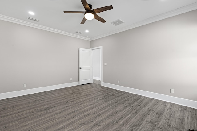 unfurnished room with dark wood-type flooring, ornamental molding, and ceiling fan