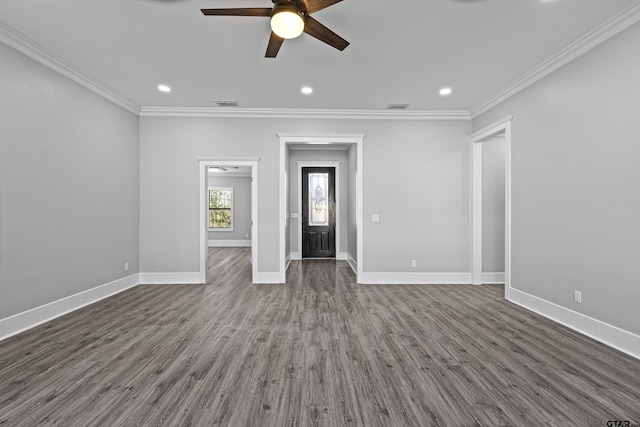 unfurnished living room with crown molding, dark wood-type flooring, and ceiling fan