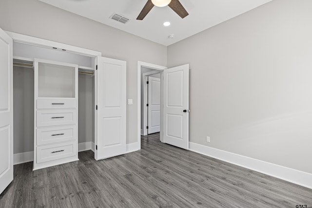 unfurnished bedroom with hardwood / wood-style flooring and ceiling fan