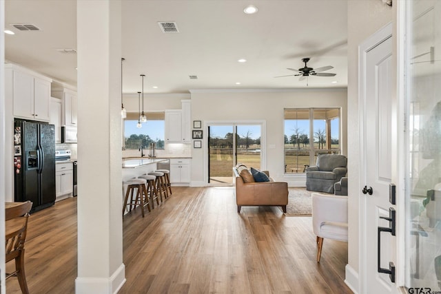 living room featuring ceiling fan, light hardwood / wood-style floors, ornamental molding, and sink