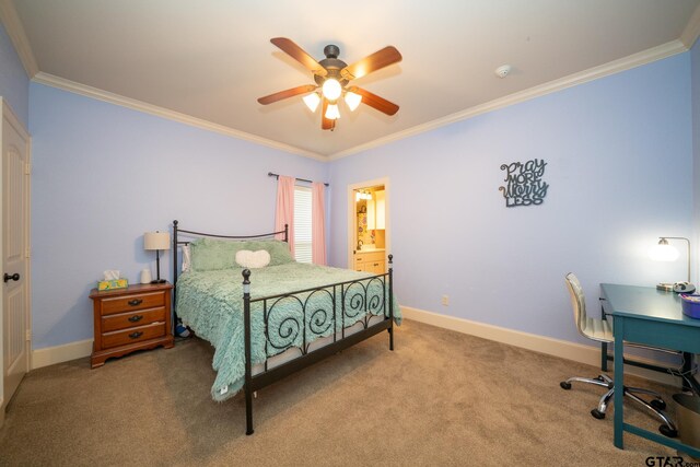 carpeted bedroom with ornamental molding and ceiling fan