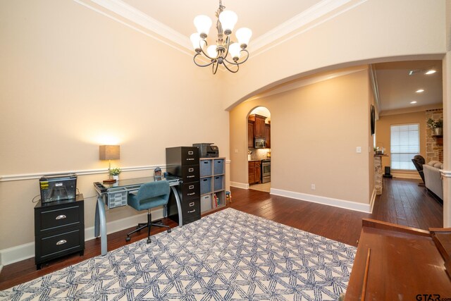 office with dark wood-type flooring, an inviting chandelier, and crown molding