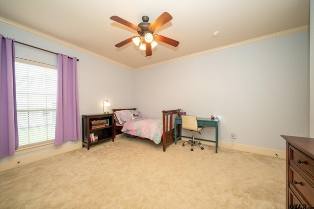 bedroom with light colored carpet, ceiling fan, and crown molding