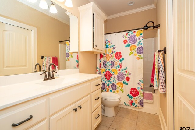 full bathroom with shower / bath combo, tile patterned flooring, toilet, and crown molding