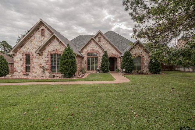 french country home with a front lawn