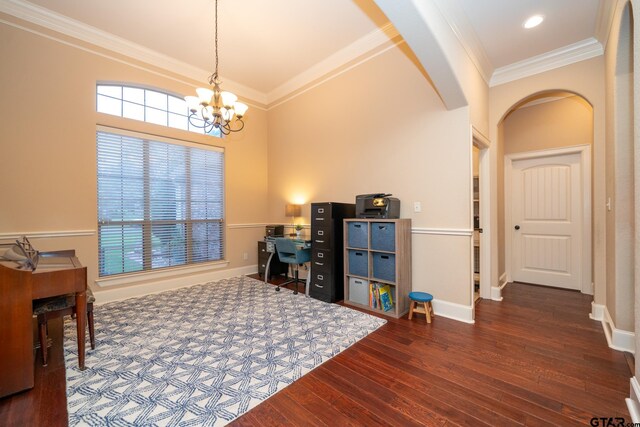 office with dark wood-type flooring, a chandelier, and crown molding