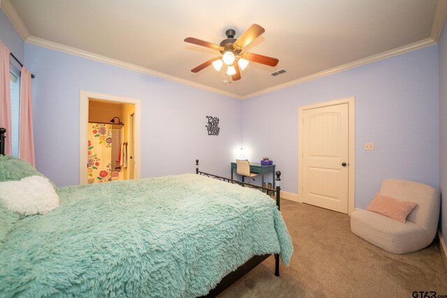 bedroom with ceiling fan, carpet, and ornamental molding