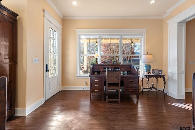 home office with dark hardwood / wood-style floors and ornamental molding