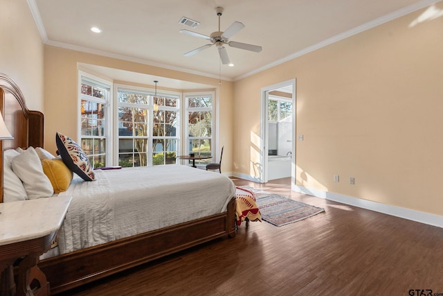 bedroom featuring connected bathroom, ceiling fan, crown molding, and wood-type flooring