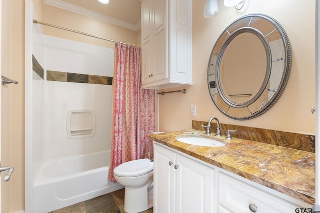 full bathroom with vanity, toilet, crown molding, and shower / tub combo