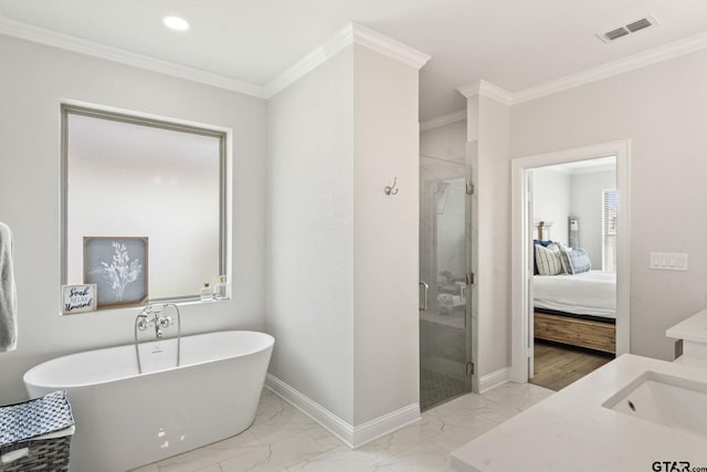 bathroom with ornamental molding, vanity, and independent shower and bath