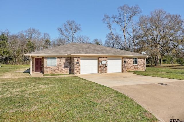 single story home with a front yard and a garage