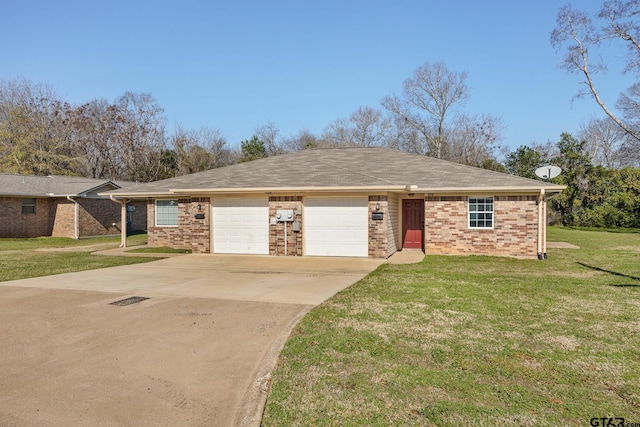 ranch-style home featuring a garage and a front yard