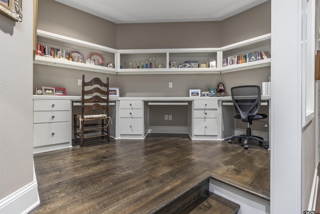 office featuring built in study area and dark wood-type flooring