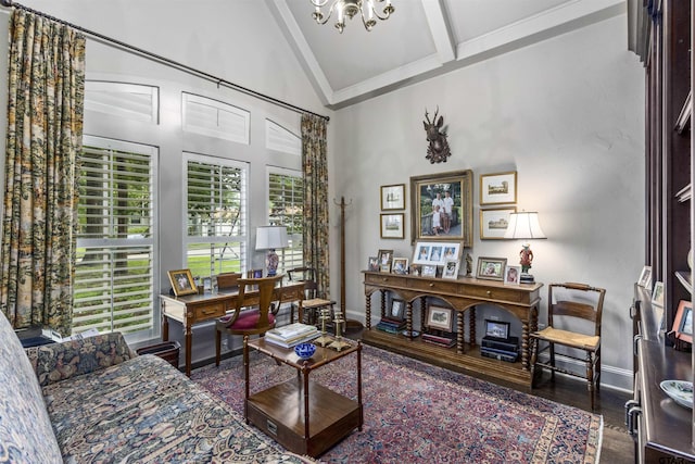 interior space featuring wood finished floors, high vaulted ceiling, baseboards, beamed ceiling, and a notable chandelier