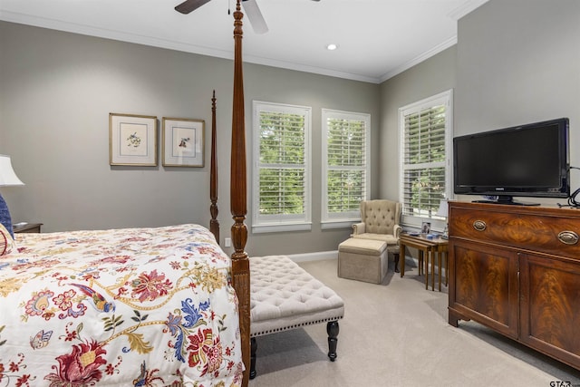 bedroom with ornamental molding, light carpet, baseboards, recessed lighting, and a ceiling fan