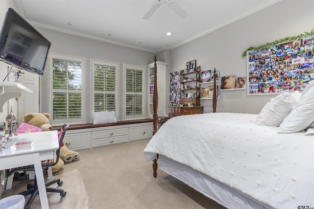 bedroom with light colored carpet, ornamental molding, a ceiling fan, and recessed lighting