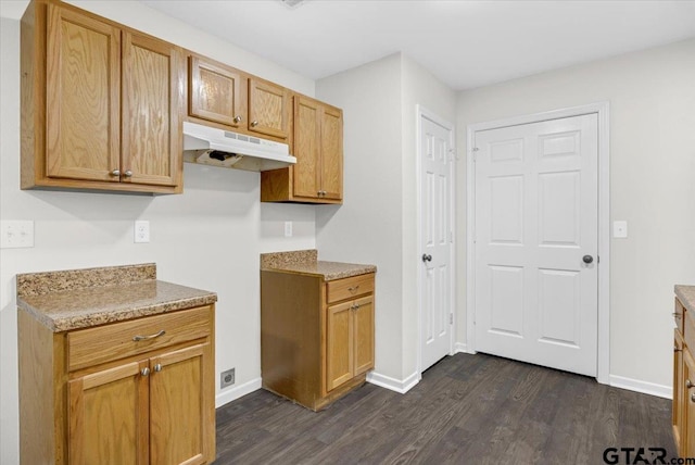 kitchen featuring light stone counters and dark wood-type flooring