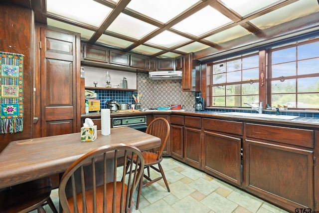 kitchen featuring backsplash, coffered ceiling, sink, and dark brown cabinets