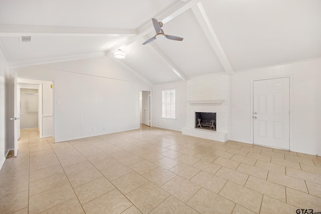 unfurnished living room with vaulted ceiling with beams, ceiling fan, light tile patterned floors, and a fireplace