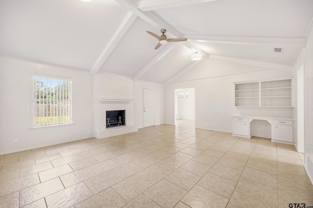 unfurnished living room with ceiling fan, a brick fireplace, vaulted ceiling with beams, built in features, and light tile patterned floors