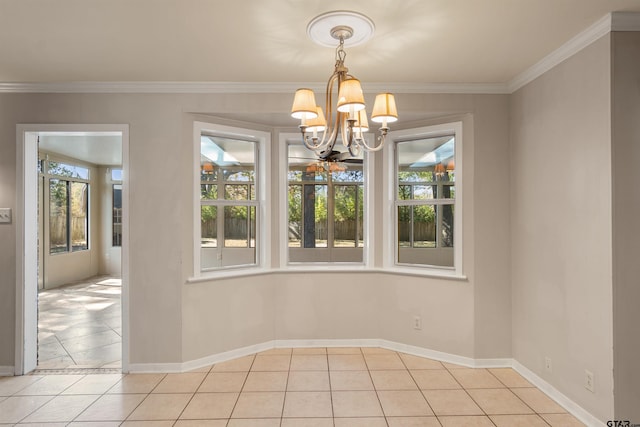 unfurnished dining area featuring light tile patterned flooring, baseboards, a chandelier, and ornamental molding