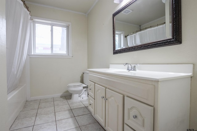 full bathroom featuring ornamental molding, vanity, toilet, shower / bath combo, and tile patterned floors