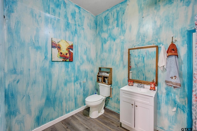 bathroom with vanity, hardwood / wood-style flooring, and toilet