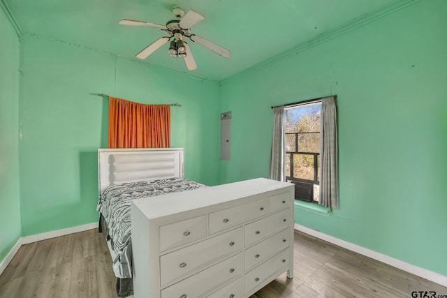 bedroom with ceiling fan and light wood-type flooring