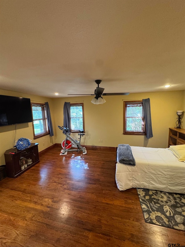 bedroom featuring dark wood-type flooring and ceiling fan