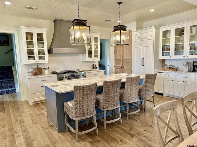 kitchen with light wood-style floors, custom exhaust hood, high end appliances, and decorative backsplash