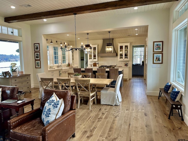 dining space featuring light wood finished floors, an inviting chandelier, wooden ceiling, beamed ceiling, and baseboards