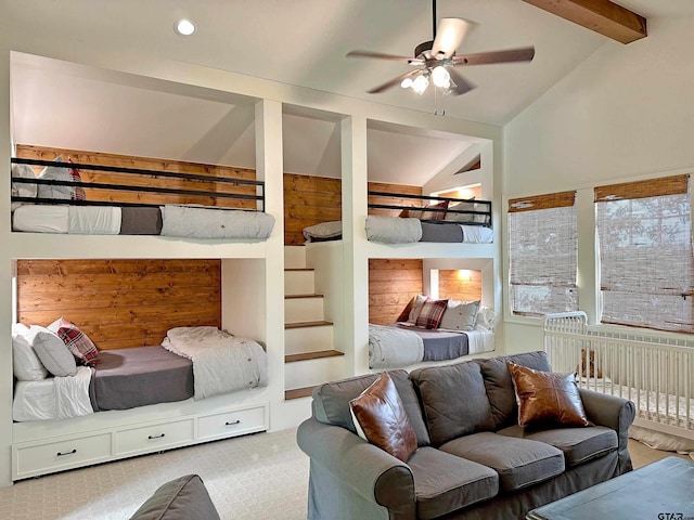 carpeted bedroom with recessed lighting, ceiling fan, and lofted ceiling with beams