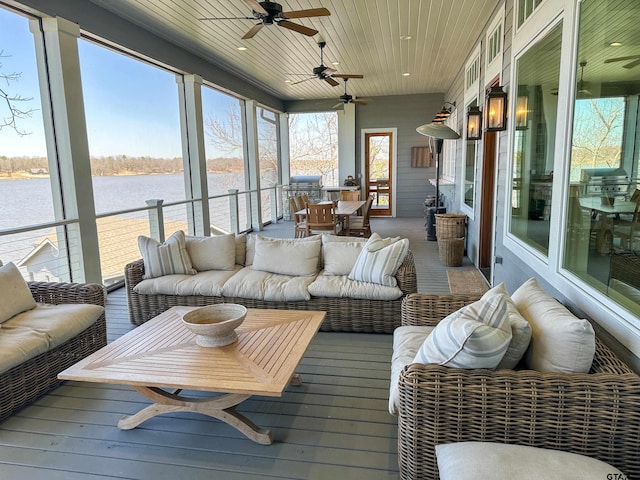 sunroom / solarium featuring wooden ceiling and a water view