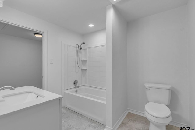 full bath with toilet, baseboards, bathing tub / shower combination, and vanity
