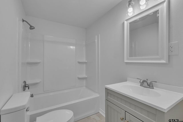 bathroom with toilet, tub / shower combination, and vanity