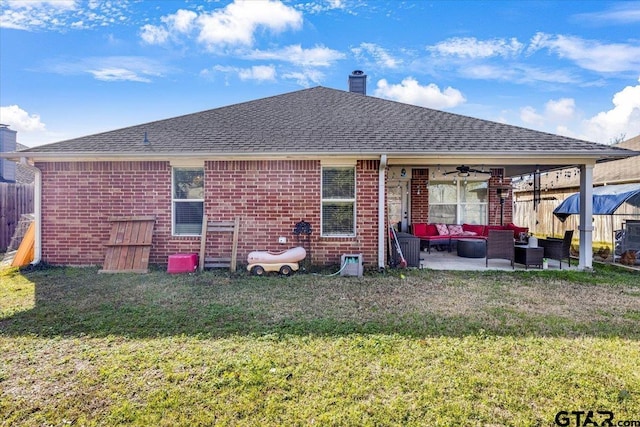 back of house with a patio, a chimney, outdoor lounge area, and fence