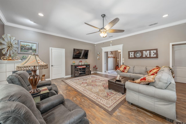 21105 Altuda Ln, Flint, TX 75762 - living room with ornamental molding, ceiling fan, wood finished floors, and recessed lighting