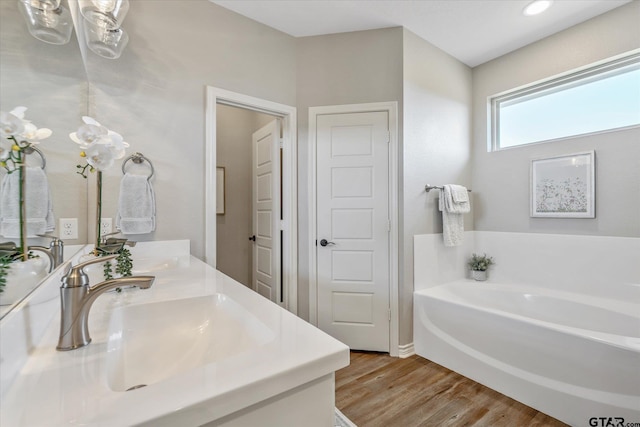 bathroom featuring double vanity, a garden tub, a sink, and wood finished floors