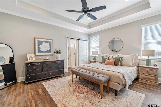 bedroom featuring wood finished floors, a raised ceiling, and a barn door