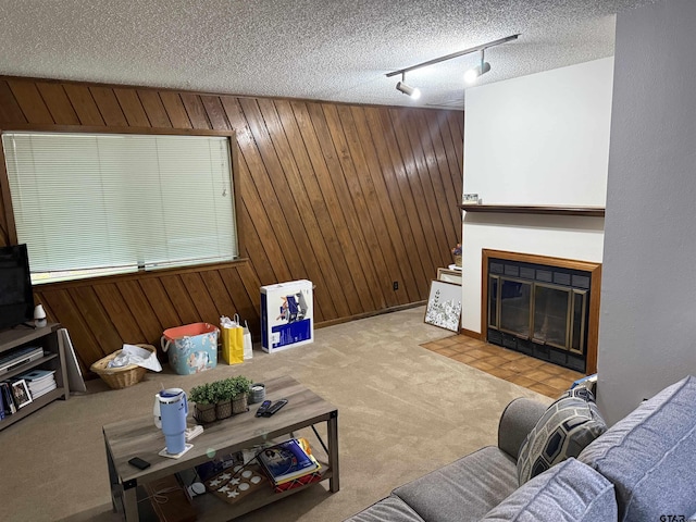 2613 Prestwick Rd # A & B, Jacksonville, TX 75766 - carpeted living area with wooden walls, track lighting, a textured ceiling, and a fireplace with flush hearth