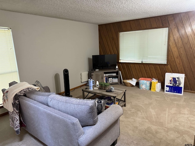 2613 Prestwick Rd # A & B, Jacksonville, TX 75766 - carpeted living room featuring wooden walls, a textured ceiling, and plenty of natural light