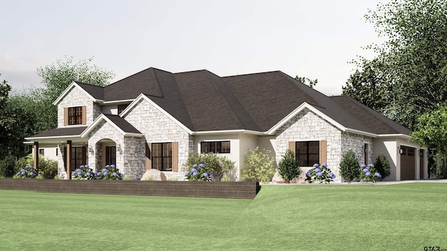 view of front of house featuring an attached garage, stone siding, and a front yard