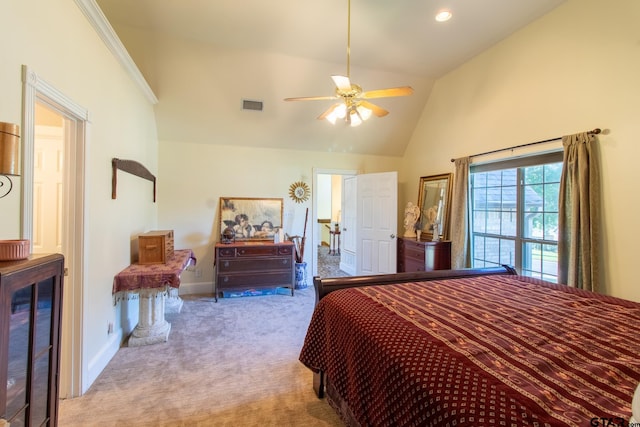 bedroom featuring high vaulted ceiling, ornamental molding, light colored carpet, and ceiling fan