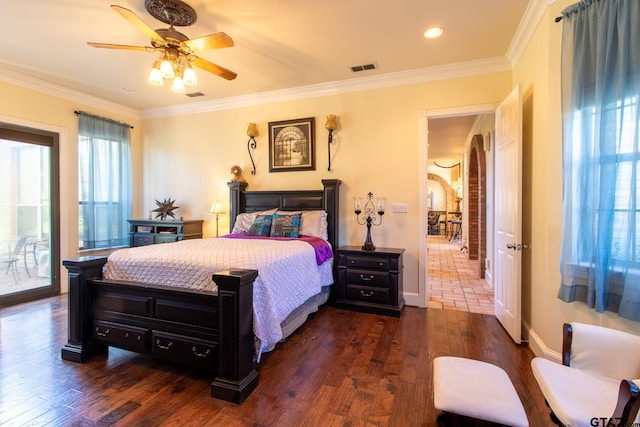 bedroom featuring dark wood-type flooring, access to outside, ornamental molding, and ceiling fan