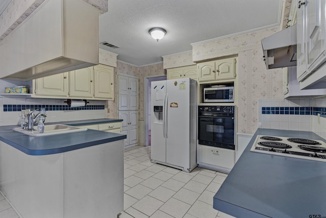 kitchen with sink, a textured ceiling, white appliances, crown molding, and decorative backsplash