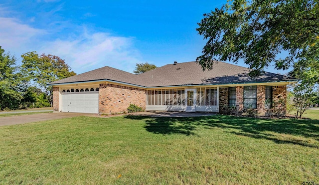 ranch-style home featuring a garage, a front lawn, and a porch