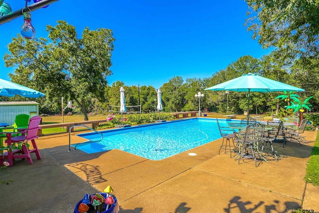 view of pool with a patio and a diving board