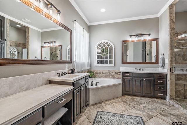 301 Zambezi Ln, Bullard, TX 75757 - bathroom featuring a stall shower, two vanities, a bath, ornamental molding, and marble finish floors
